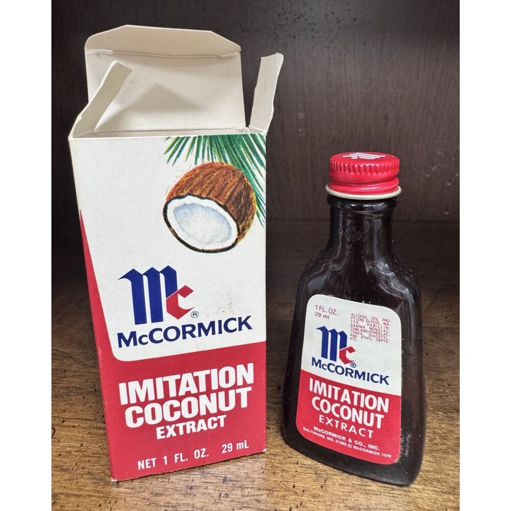 Vintage 1970’s McCormick Imitation Coconut Extract Baking Flavoring 1 fl oz Used